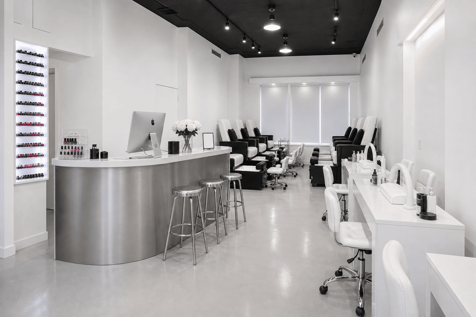 Wide view of the training space with white manicure workstations, student chairs, and a polish display