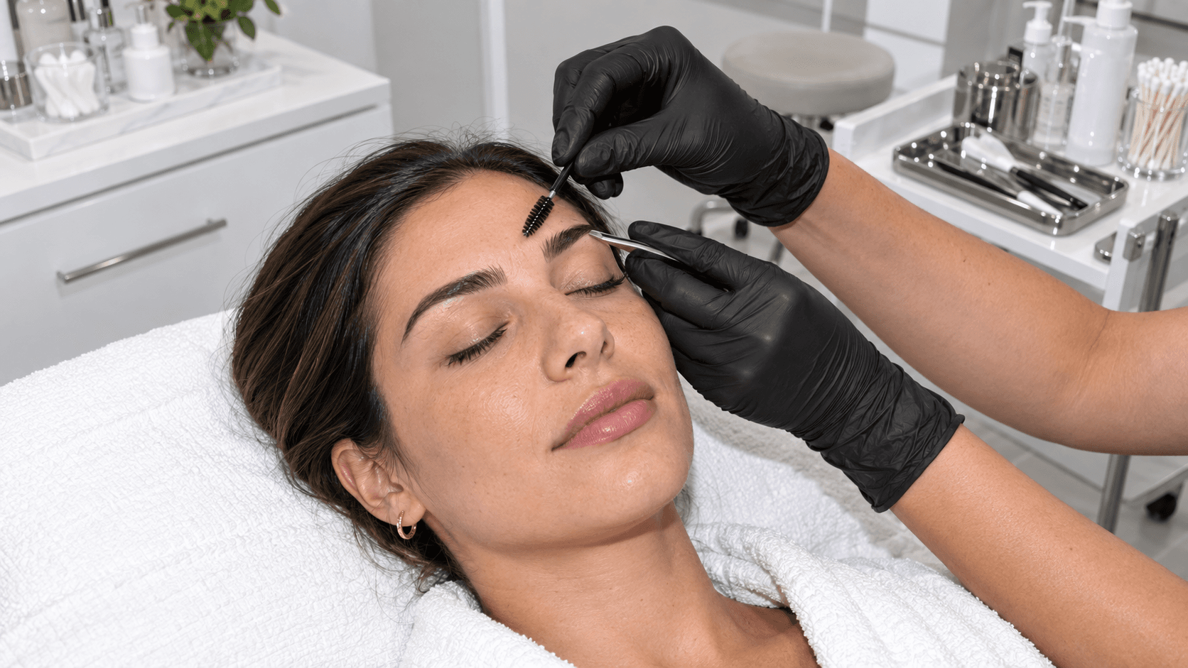 Brow specialist shaping a reclining client’s eyebrow with a spoolie and tweezers in a bright treatment room
