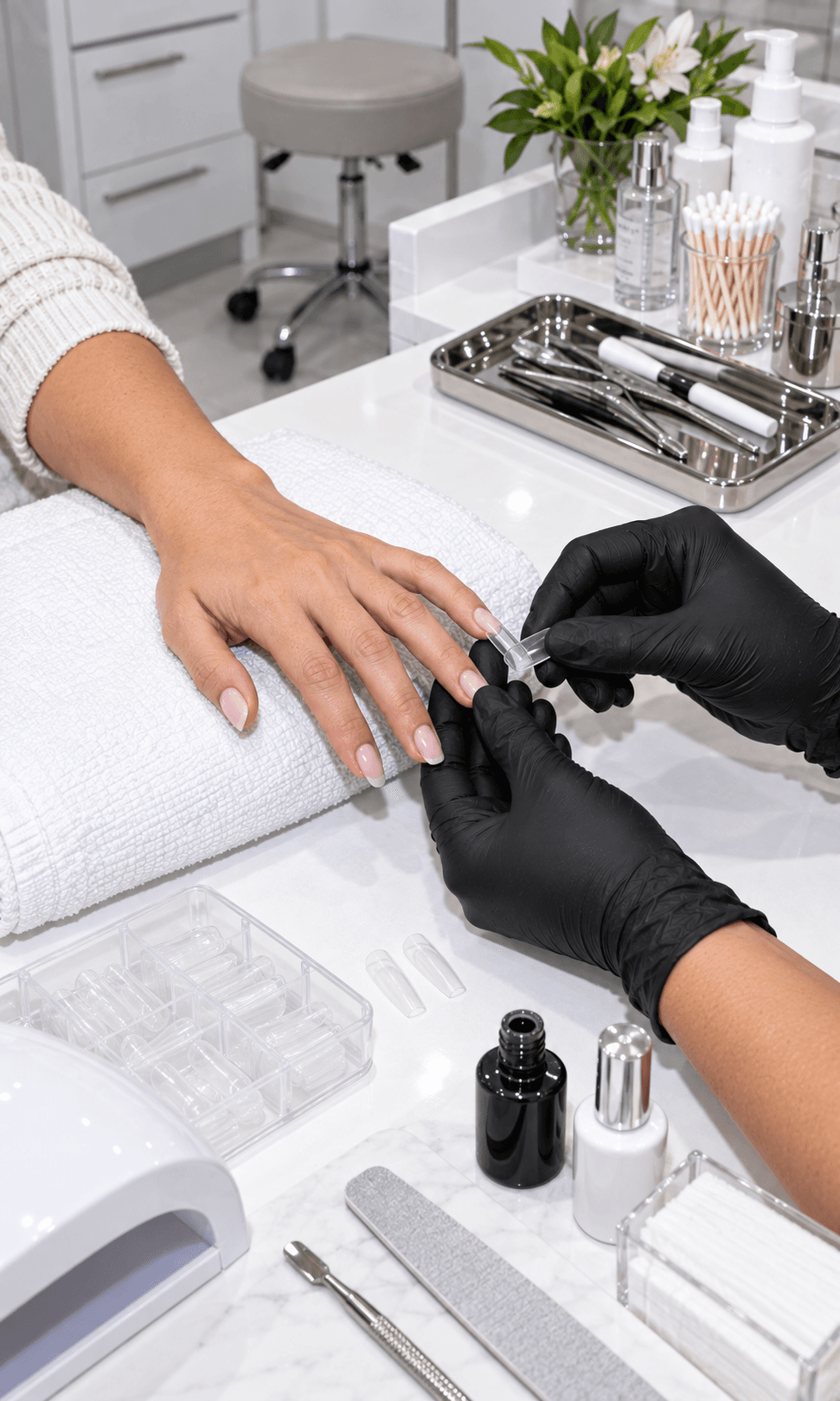 Nail technician wearing black gloves fitting a nail extension